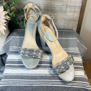Betsey Johnson MEL Silver Satin Rhinestone Beaded Chunky Heels